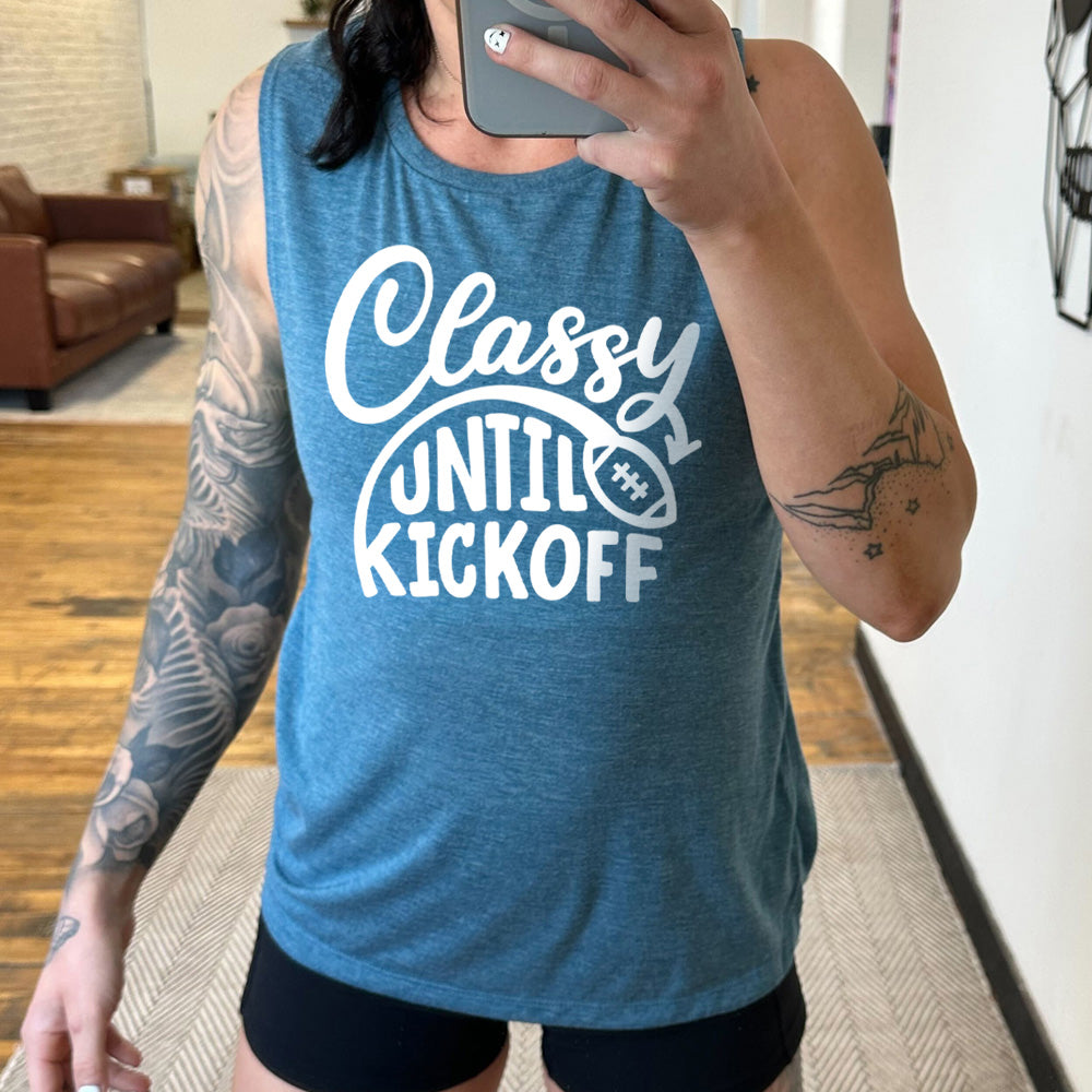 deep teal muscle tank with football graphic on it that says "Classy Until Kickoff"