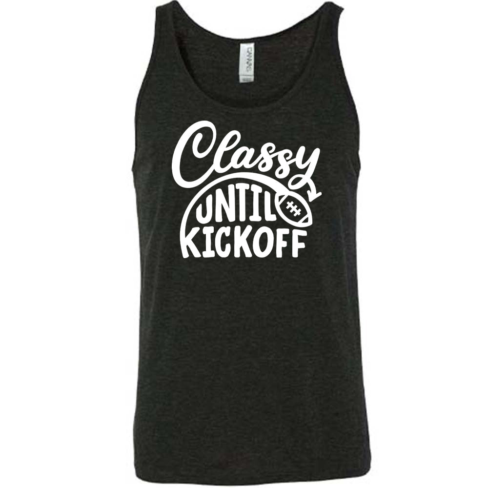 Black colored tank with football graphic on it that says "Classy Until Kickoff"