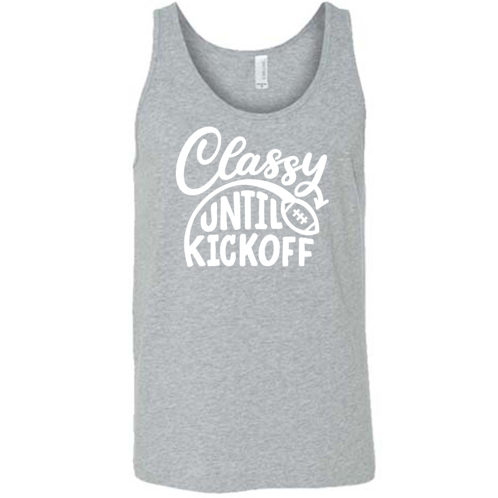 Grey colored tank with football graphic on it that says "Classy Until Kickoff"