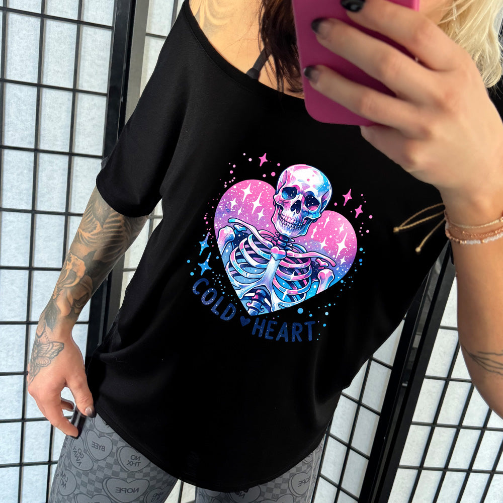 black slouchy shirt with the text "Cold Heart" on it