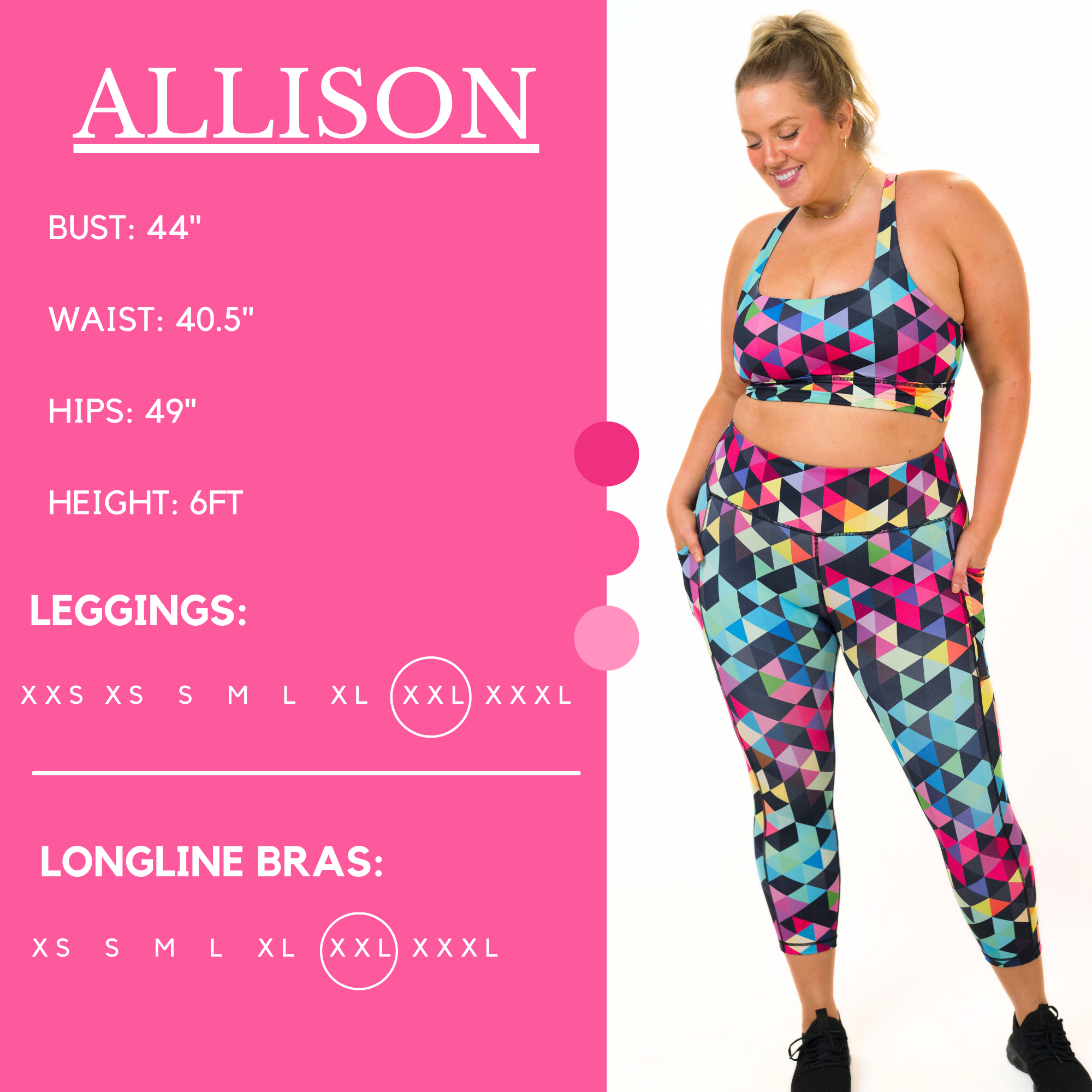 Model's measurements of 44 inch bust, 40.5 inch waist, 49 inch hips, and height of 6 foot. She is wearing a size xx-large in our leggings