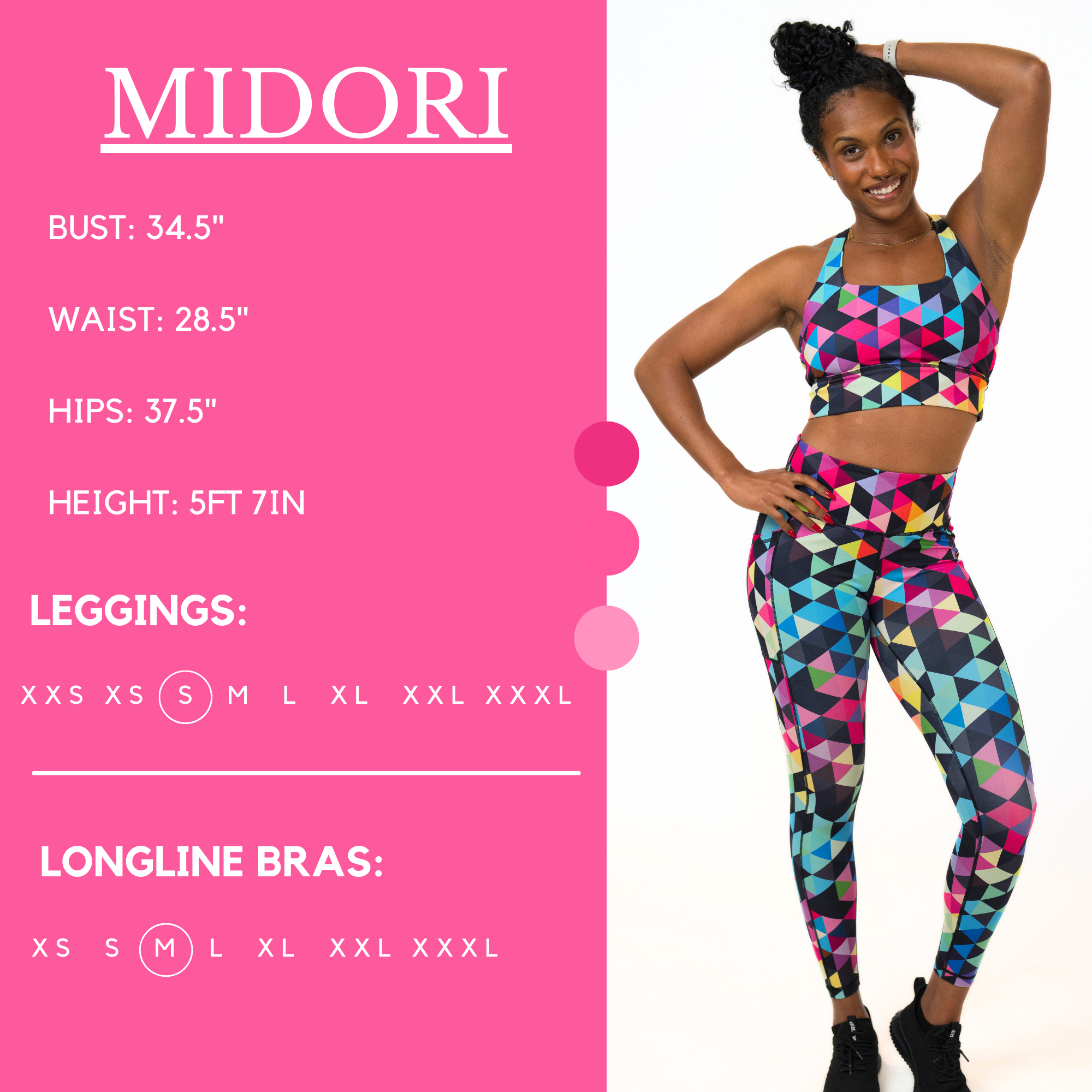 Model’s measurements of 34.5” bust, 28.5” waist, 37.5” hips and height of 5 ft 7 inches. She is wearing a size small in our leggings