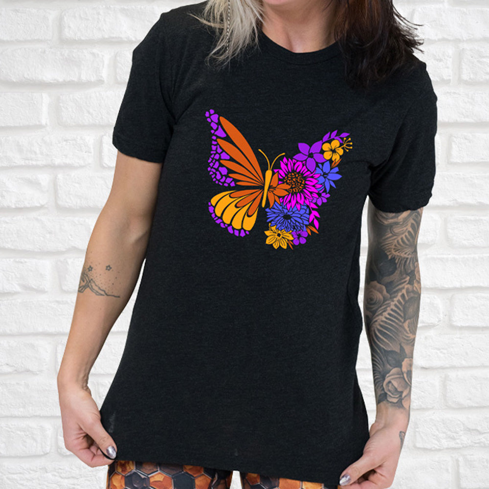 Black colored shirt with a floral butterfly graphic on it