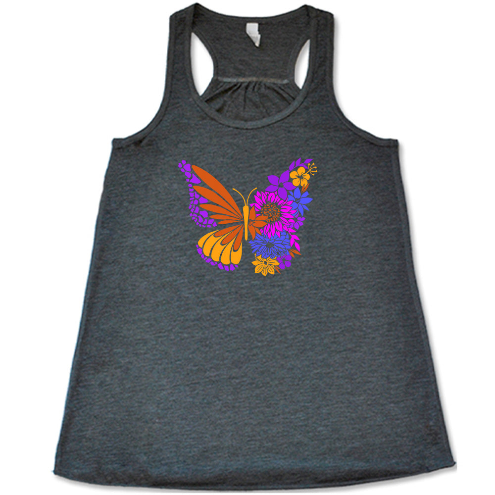Grey colored flowy tank with a floral butterfly graphic on it