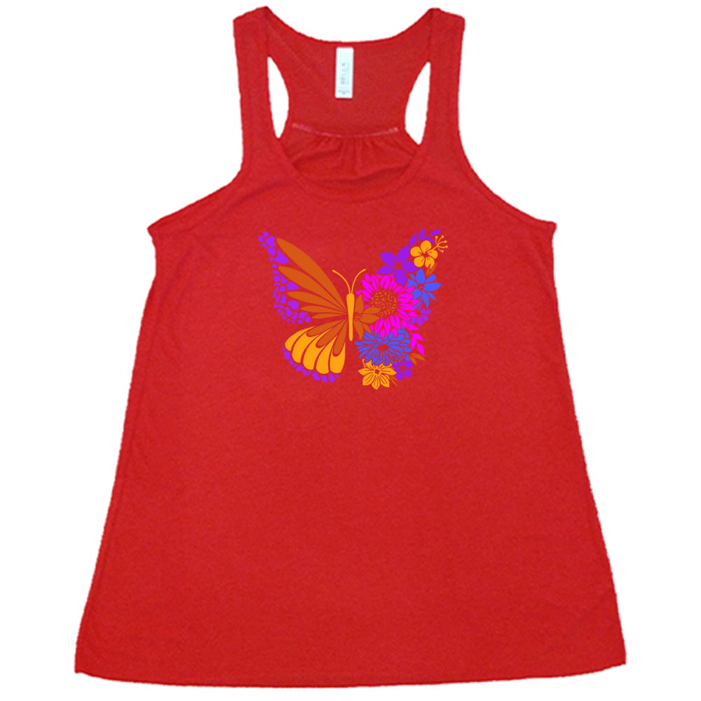 Red colored flowy tank with a floral butterfly graphic on it