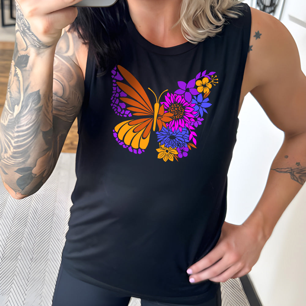 Black colored muscle tank with a floral butterfly graphic on it
