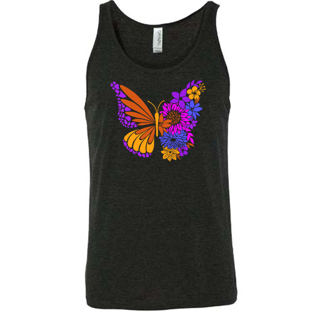 Black colored tank with a floral butterfly graphic on it