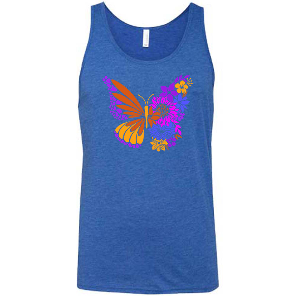 Blue colored tank with a floral butterfly graphic on it