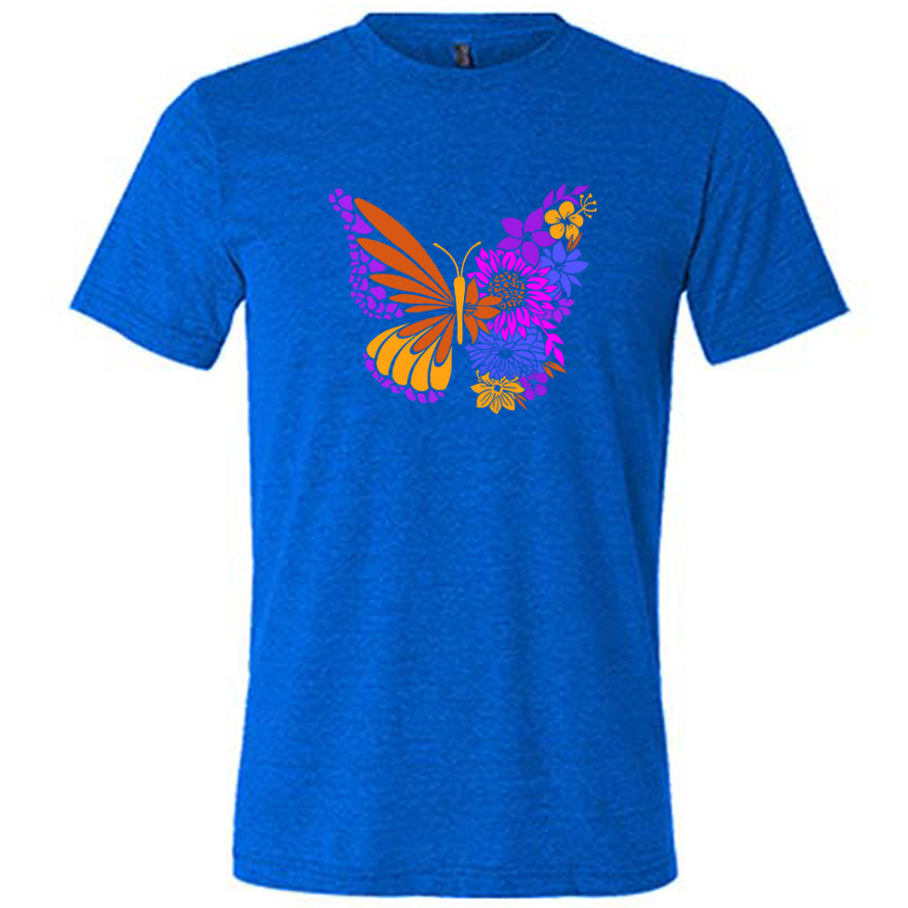 Blue colored shirt with a floral butterfly graphic on it