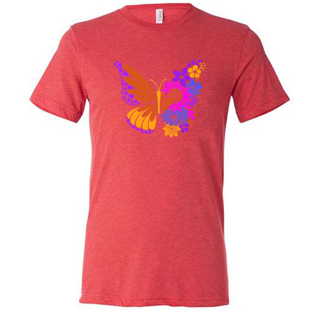 Red colored shirt with a floral butterfly graphic on it