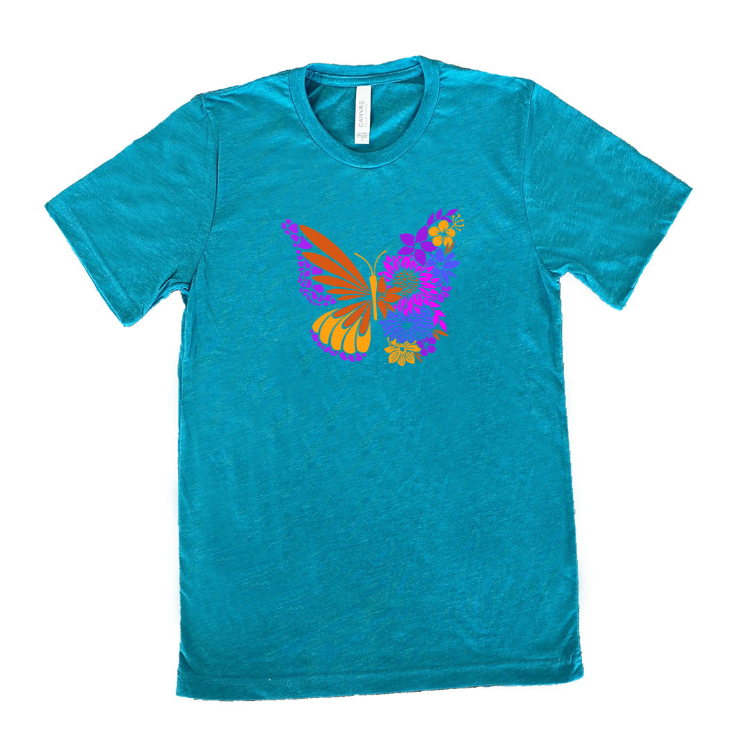 Teal colored shirt with a floral butterfly graphic on it