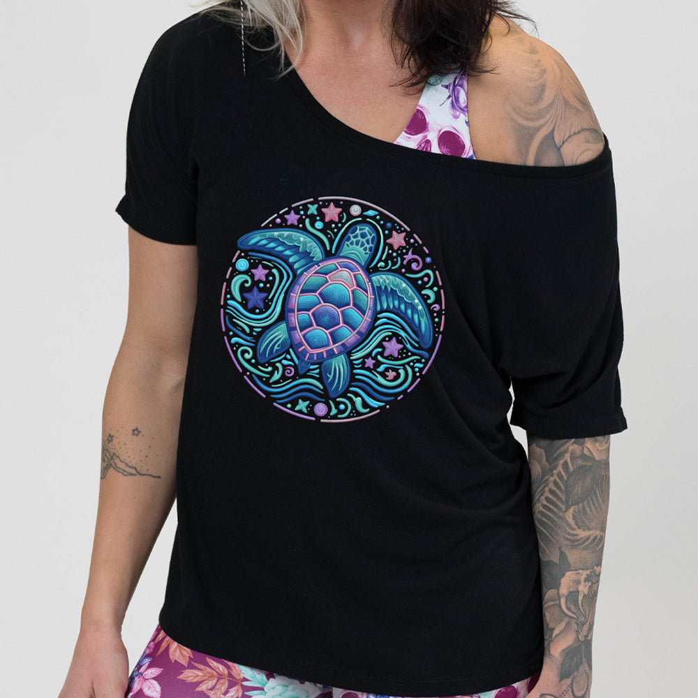 Black colored shirt with a colorful turtle graphic on it
