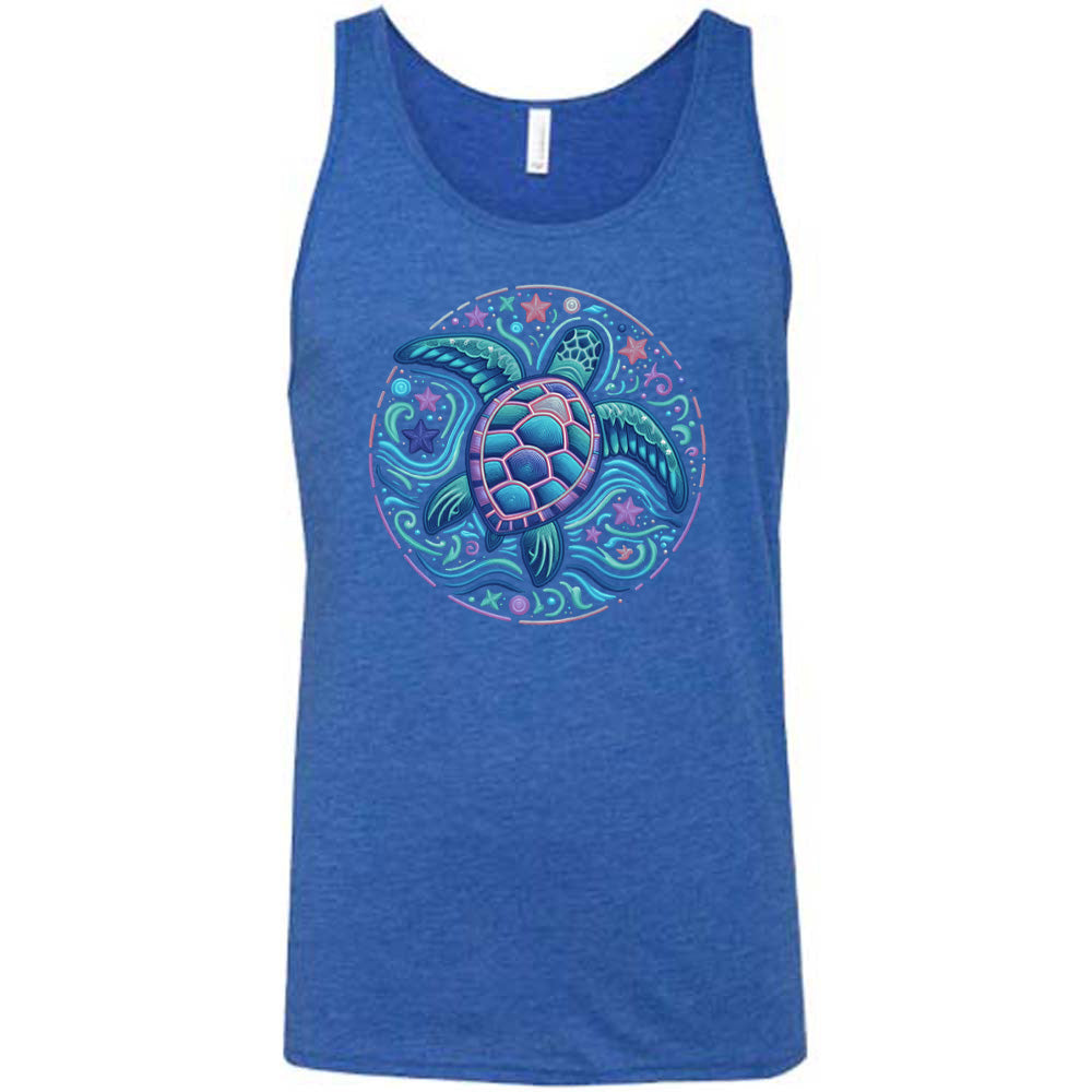 Blue colored tank with a colorful turtle graphic on it