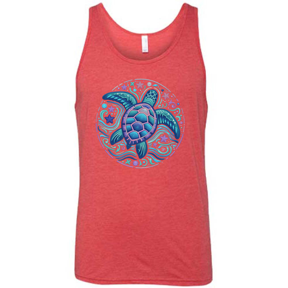 Red colored tank with a colorful turtle graphic on it