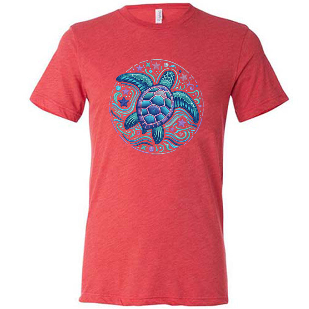 Red colored shirt with a colorful turtle graphic on it
