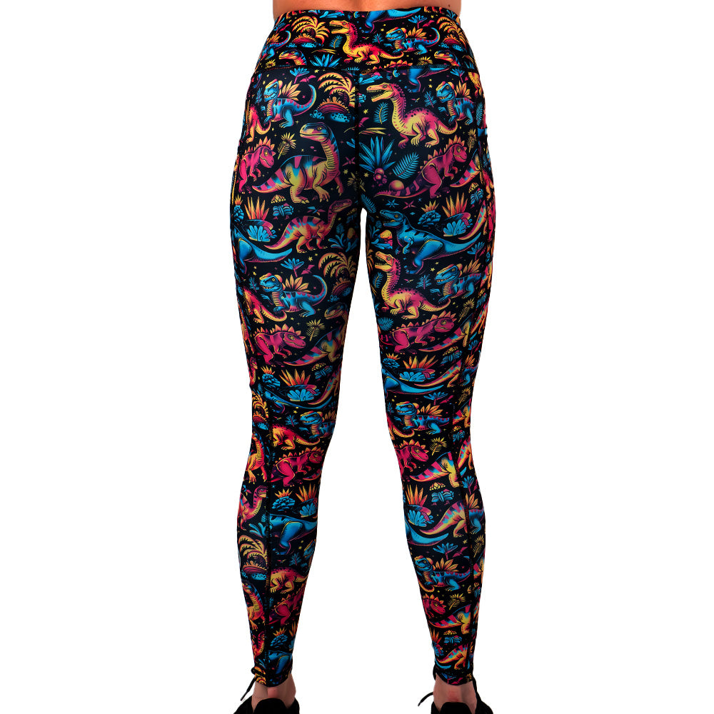 back of the colorful dino print leggings