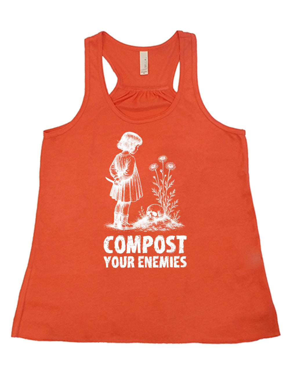 coral flowy racerback tank with the graphic of a little bobbed-hair girl in a dress, holding a knife behind her back, looking down at a skull that rests on a little hill with tall flowers growing there, and the words underneath that say "compost your enemies"