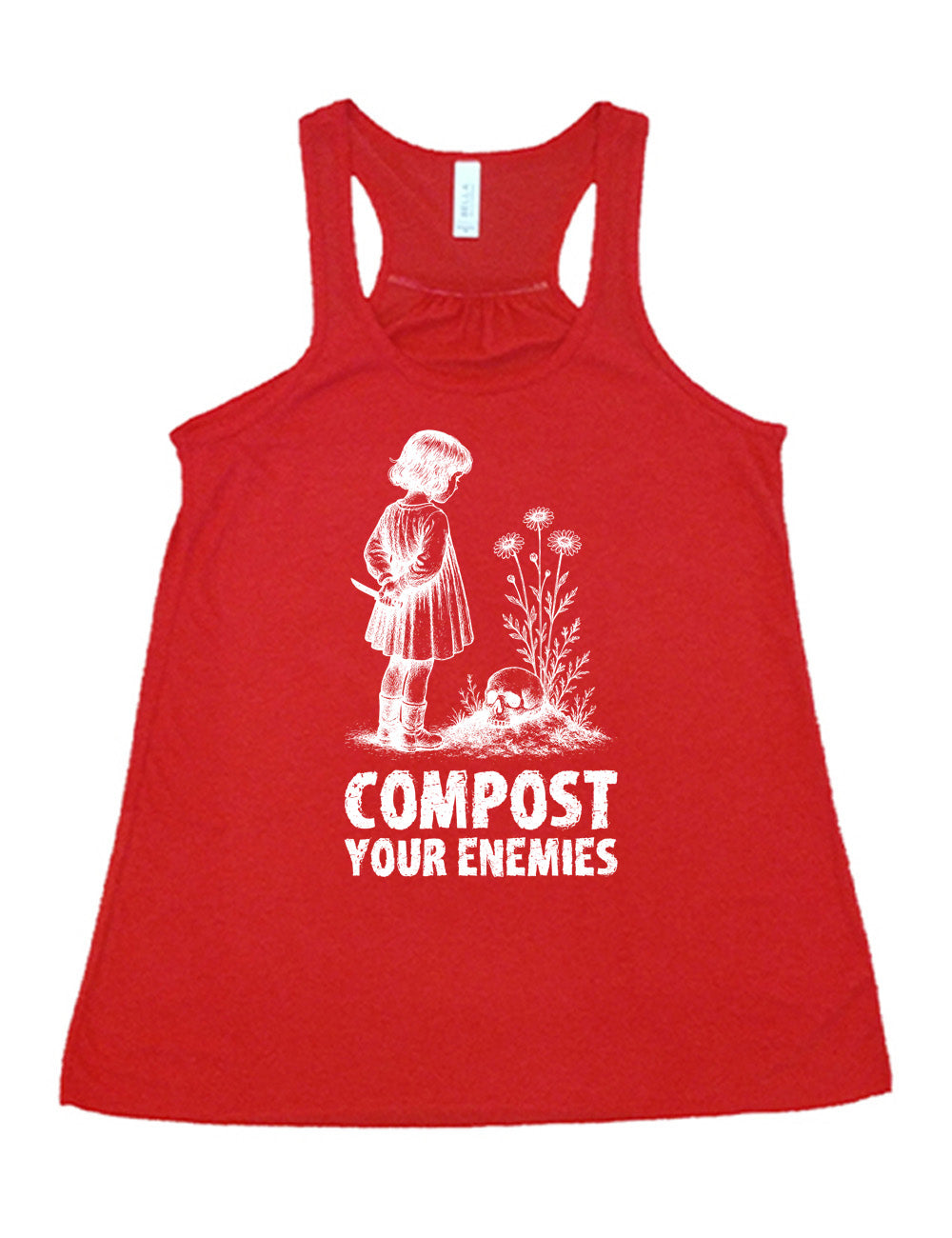 red flowy racerback tank with the graphic of a little bobbed-hair girl in a dress, holding a knife behind her back, looking down at a skull that rests on a little hill with tall flowers growing there, and the words underneath that say "compost your enemies"
