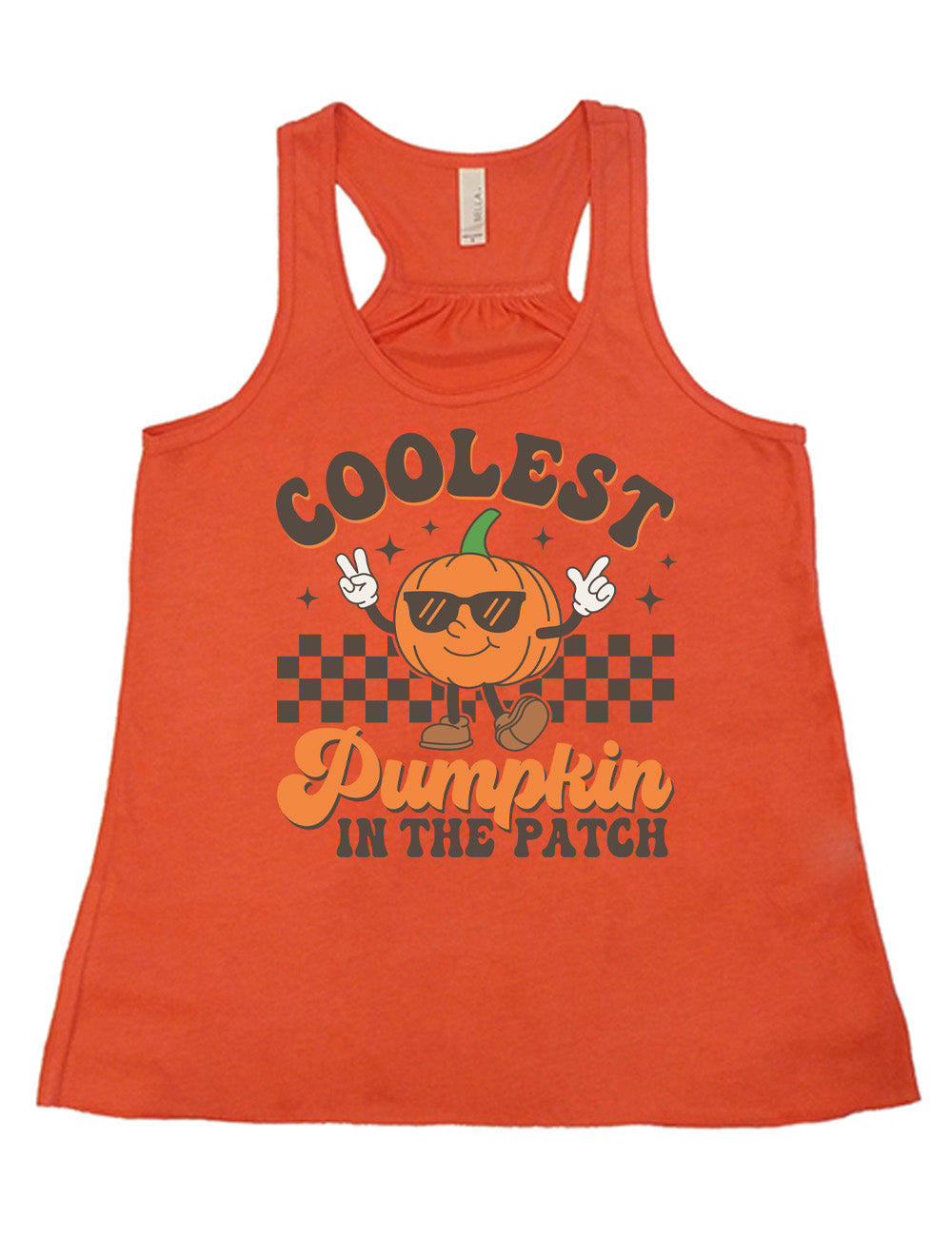 coral flowy racerback tank with the graphic of a pumpkin, wearing sunglasses, both arms raised, foot kicking out, in front of a checkered banner, surrounded by a few little stars, with the words around it saying "coolest pumpkin in the patch"