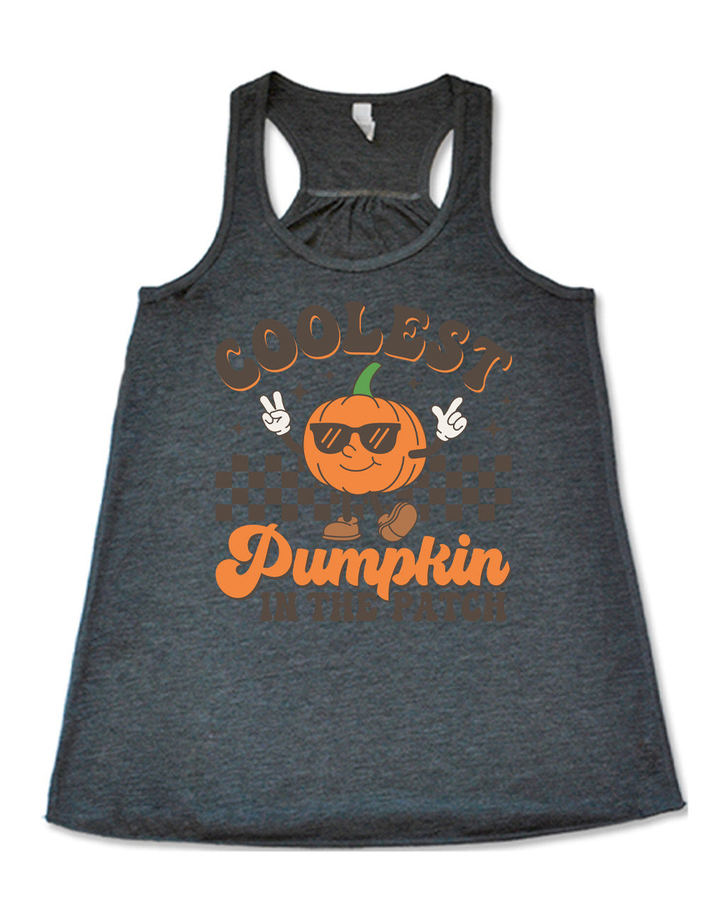 grey flowy racerback tank with the graphic of a pumpkin, wearing sunglasses, both arms raised, foot kicking out, in front of a checkered banner, surrounded by a few little stars, with the words around it saying "coolest pumpkin in the patch"