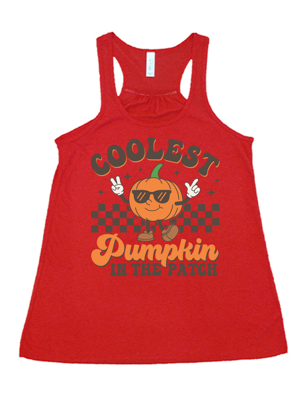 red flowy racerback tank with the graphic of a pumpkin, wearing sunglasses, both arms raised, foot kicking out, in front of a checkered banner, surrounded by a few little stars, with the words around it saying "coolest pumpkin in the patch"