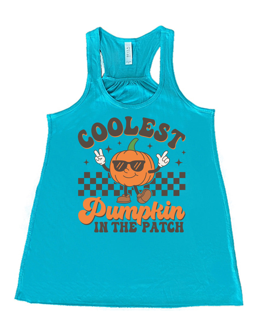 teal flowy racerback tank with the graphic of a pumpkin, wearing sunglasses, both arms raised, foot kicking out, in front of a checkered banner, surrounded by a few little stars, with the words around it saying "coolest pumpkin in the patch"