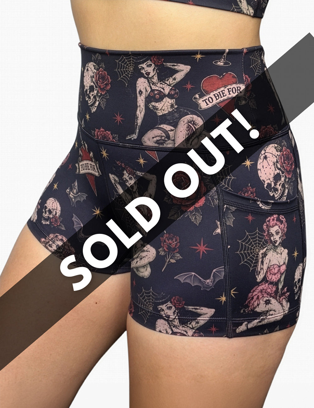 front of the 2.5 inch zombie girls with pin up hair and traditional tattoo designs shorts against a white background, sold out