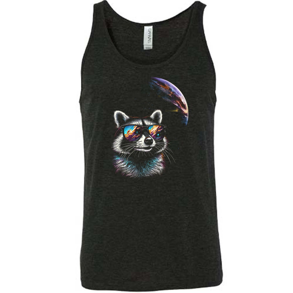 Black colored tank with a raccoon looking into space graphic on it