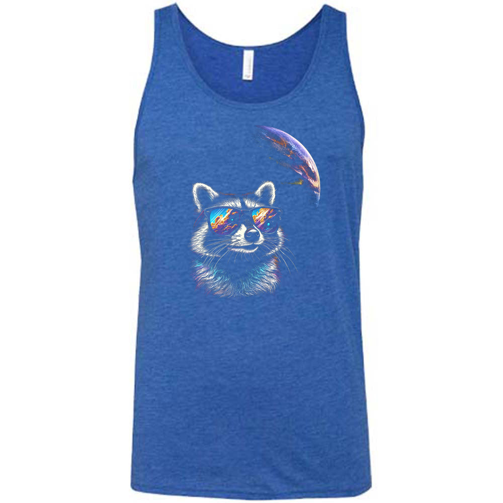 Blue colored tank with a raccoon looking into space graphic on it