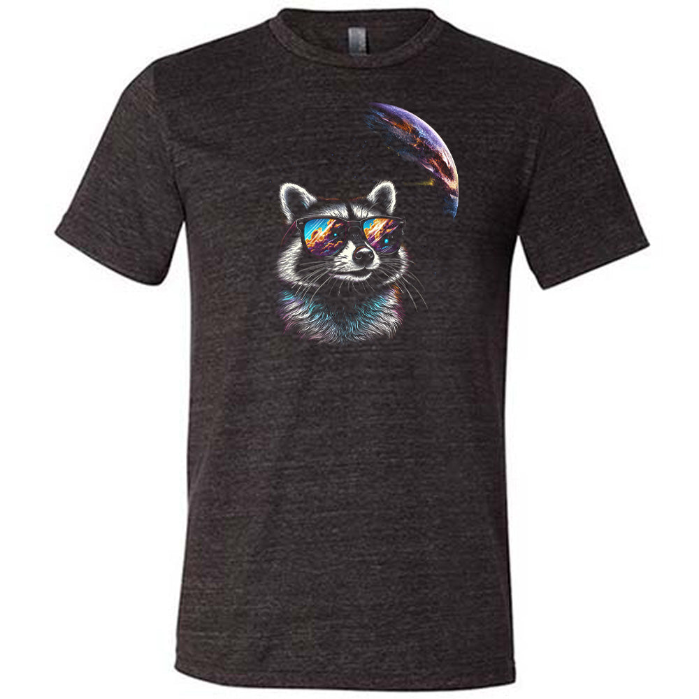 Black colored shirt with a raccoon looking into space graphic on it