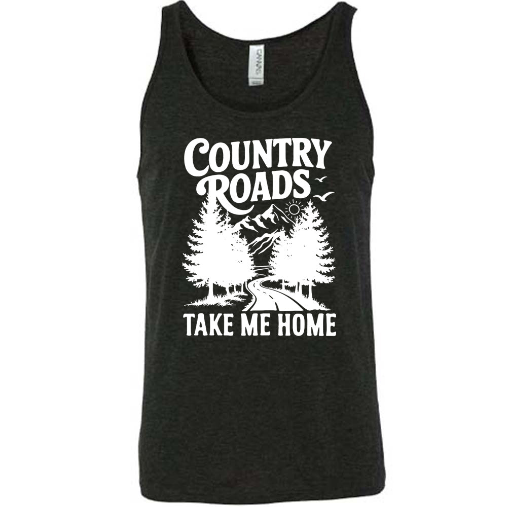 black unisex tank with the words "country roads take me home" on it, and the graphic of a road going through tall trees, with mountains beyond, and the sun