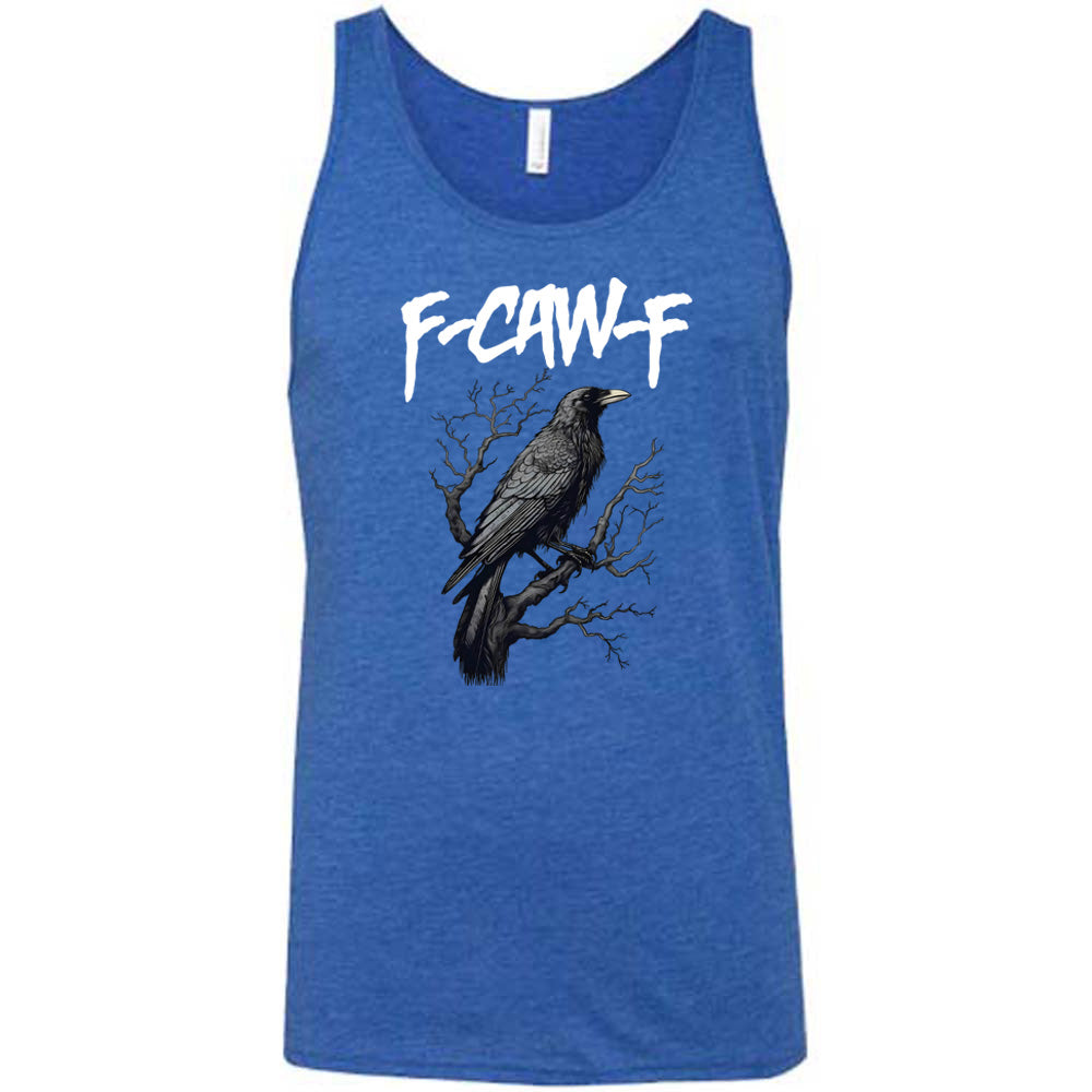 Blue colored tank with crow on branch graphic on it that says "F-CAW-F"