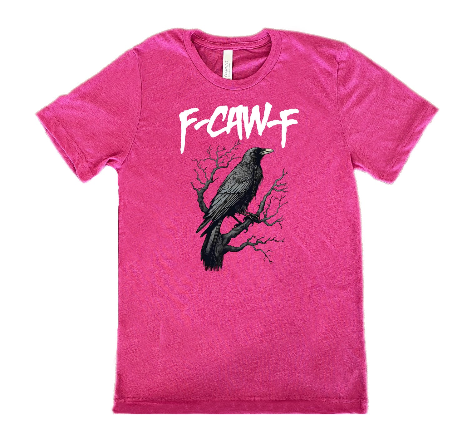 Berry colored shirt with crow on branch graphic on it that says "F-CAW-F"