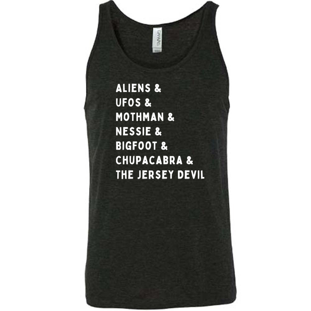 Black colored tank with graphic on it that says "ALIENS & UFOS & MOTHMAN & NESSIE & BIGFOOT & CHUPACABRA & THE JERSEY DEVIL"