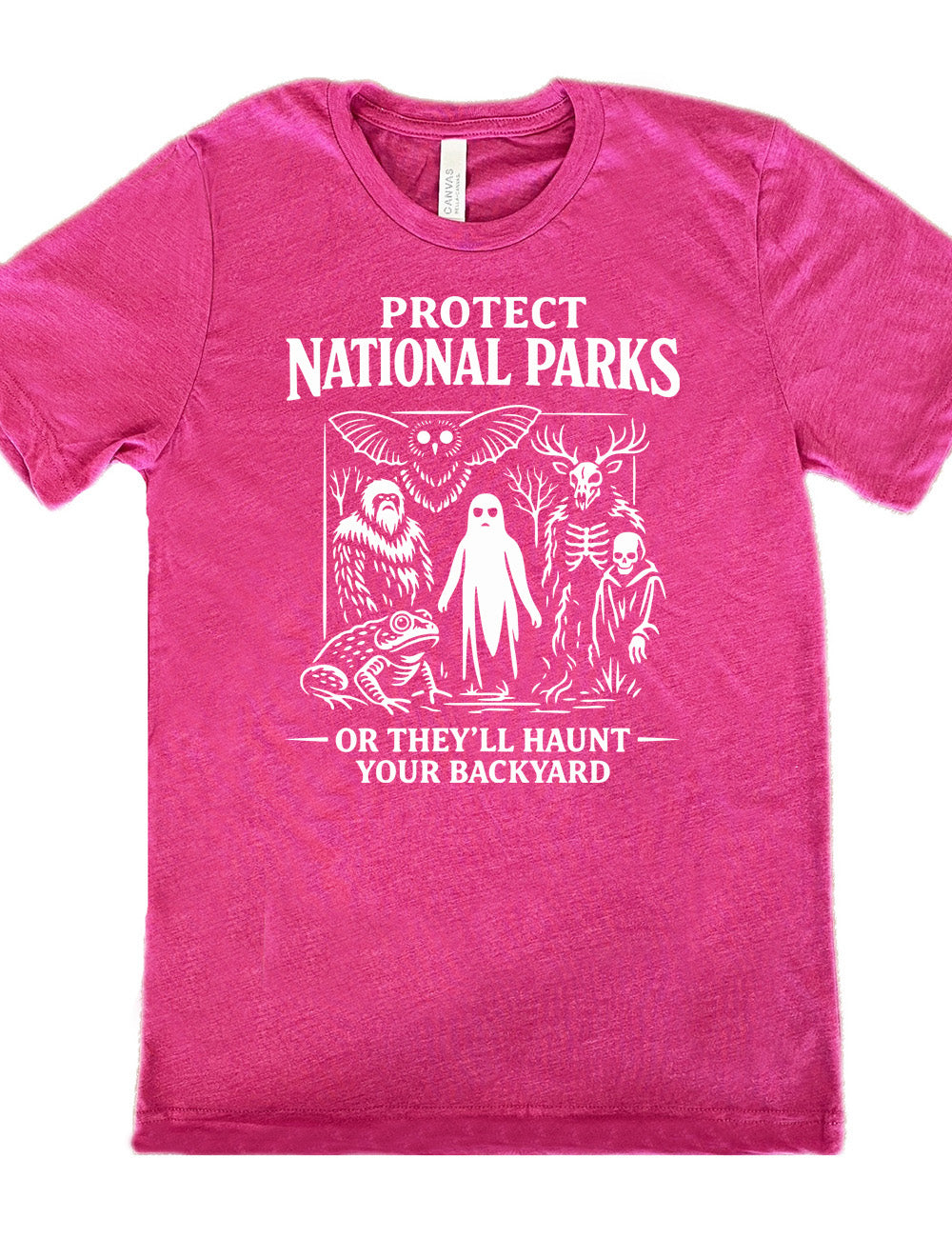 berry unisex tee with the words on it saying "Protect National Parks" and a graphic of various cryptids, and underneath words saying "or they'll haunt your backyard"