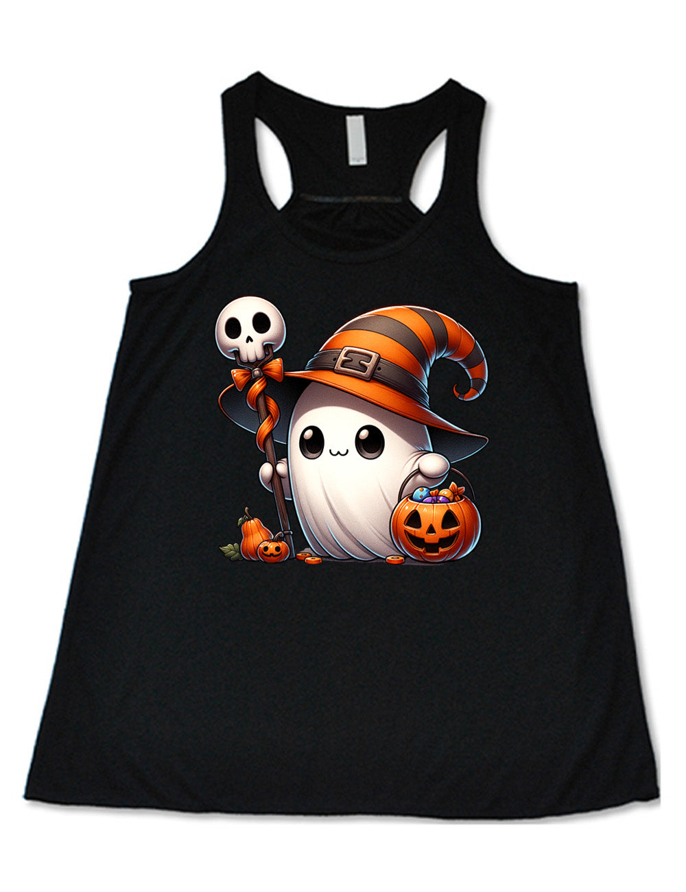black flowy racerback tank with the graphic of a cute ghost wearing a striped witch hat, holding a candy-filly jack-o-lantern basket as well as a staff with a skull on top and a bow with ribbon, all next to a tiny gourd and a jack-o-lantern