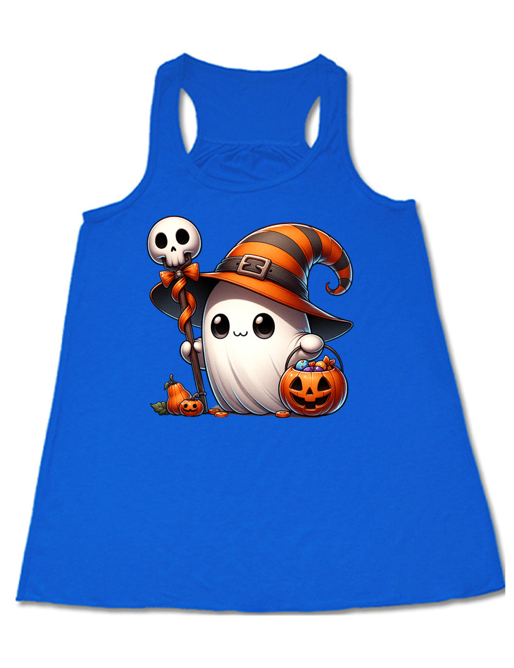 blue flowy racerback tank with the graphic of a cute ghost wearing a striped witch hat, holding a candy-filly jack-o-lantern basket as well as a staff with a skull on top and a bow with ribbon, all next to a tiny gourd and a jack-o-lantern