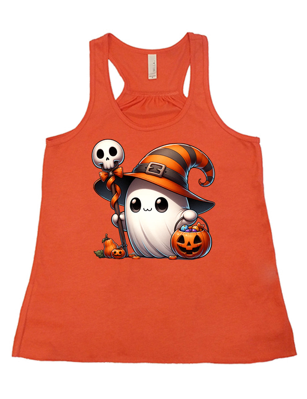 coral flowy racerback tank with the graphic of a cute ghost wearing a striped witch hat, holding a candy-filly jack-o-lantern basket as well as a staff with a skull on top and a bow with ribbon, all next to a tiny gourd and a jack-o-lantern