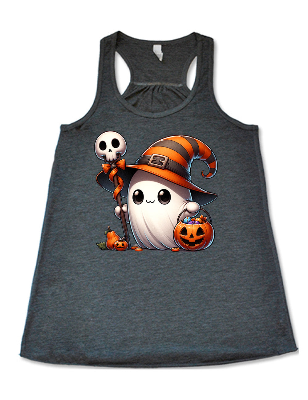 grey flowy racerback tank with the graphic of a cute ghost wearing a striped witch hat, holding a candy-filly jack-o-lantern basket as well as a staff with a skull on top and a bow with ribbon, all next to a tiny gourd and a jack-o-lantern