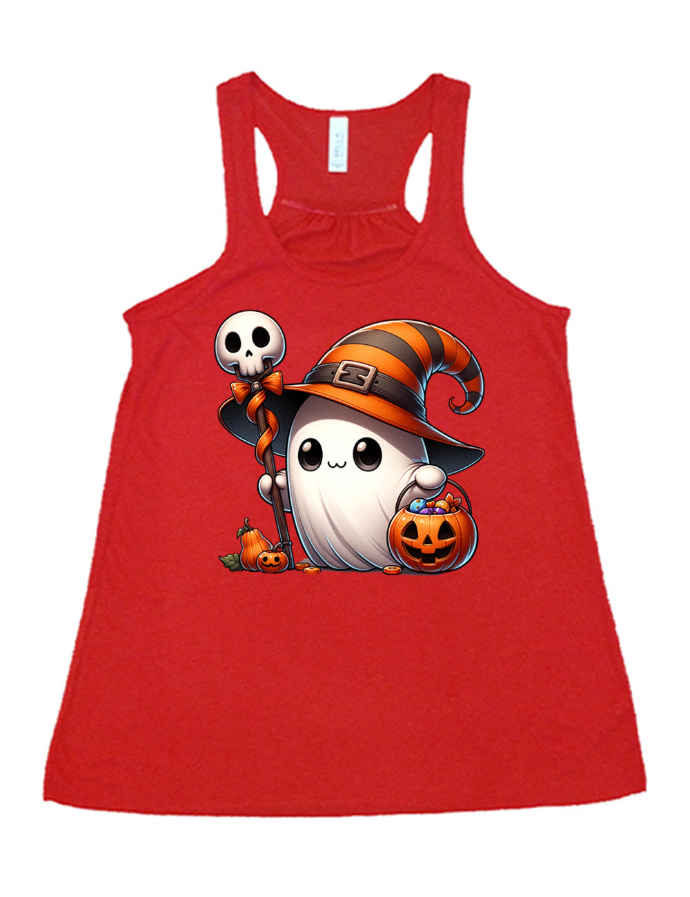 red flowy racerback tank with the graphic of a cute ghost wearing a striped witch hat, holding a candy-filly jack-o-lantern basket as well as a staff with a skull on top and a bow with ribbon, all next to a tiny gourd and a jack-o-lantern