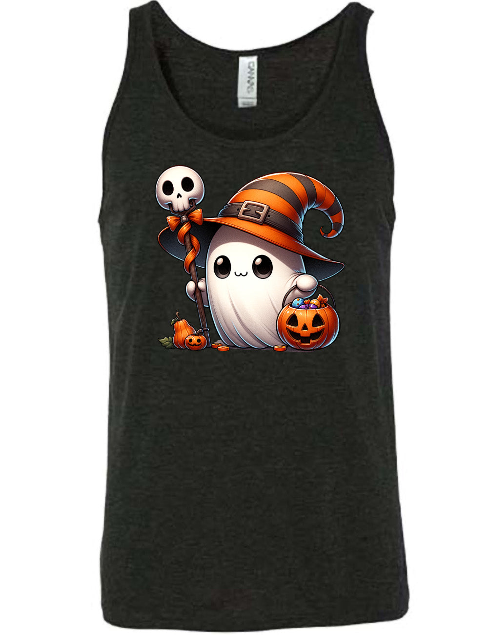 black unisex tank with the graphic of a cute ghost wearing a striped witch hat, holding a candy-filly jack-o-lantern basket as well as a staff with a skull on top and a bow with ribbon, all next to a tiny gourd and a jack-o-lantern