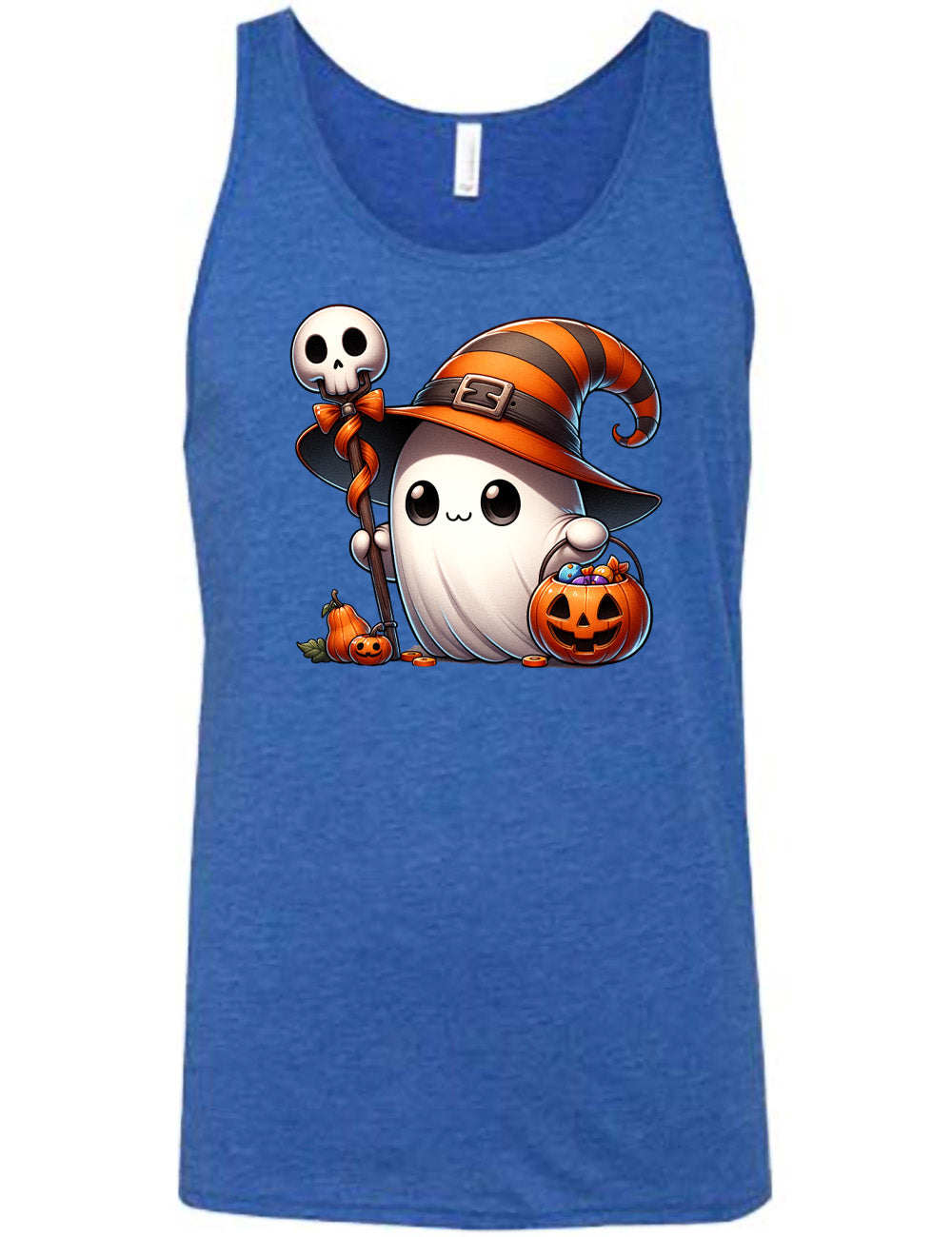 blue unisex tank with the graphic of a cute ghost wearing a striped witch hat, holding a candy-filly jack-o-lantern basket as well as a staff with a skull on top and a bow with ribbon, all next to a tiny gourd and a jack-o-lantern