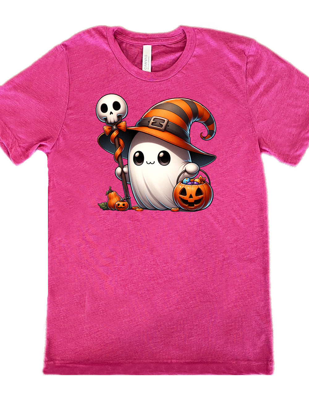 berry unisex tee with the graphic of a cute ghost wearing a striped witch hat, holding a candy-filly jack-o-lantern basket as well as a staff with a skull on top and a bow with ribbon, all next to a tiny gourd and a jack-o-lantern
