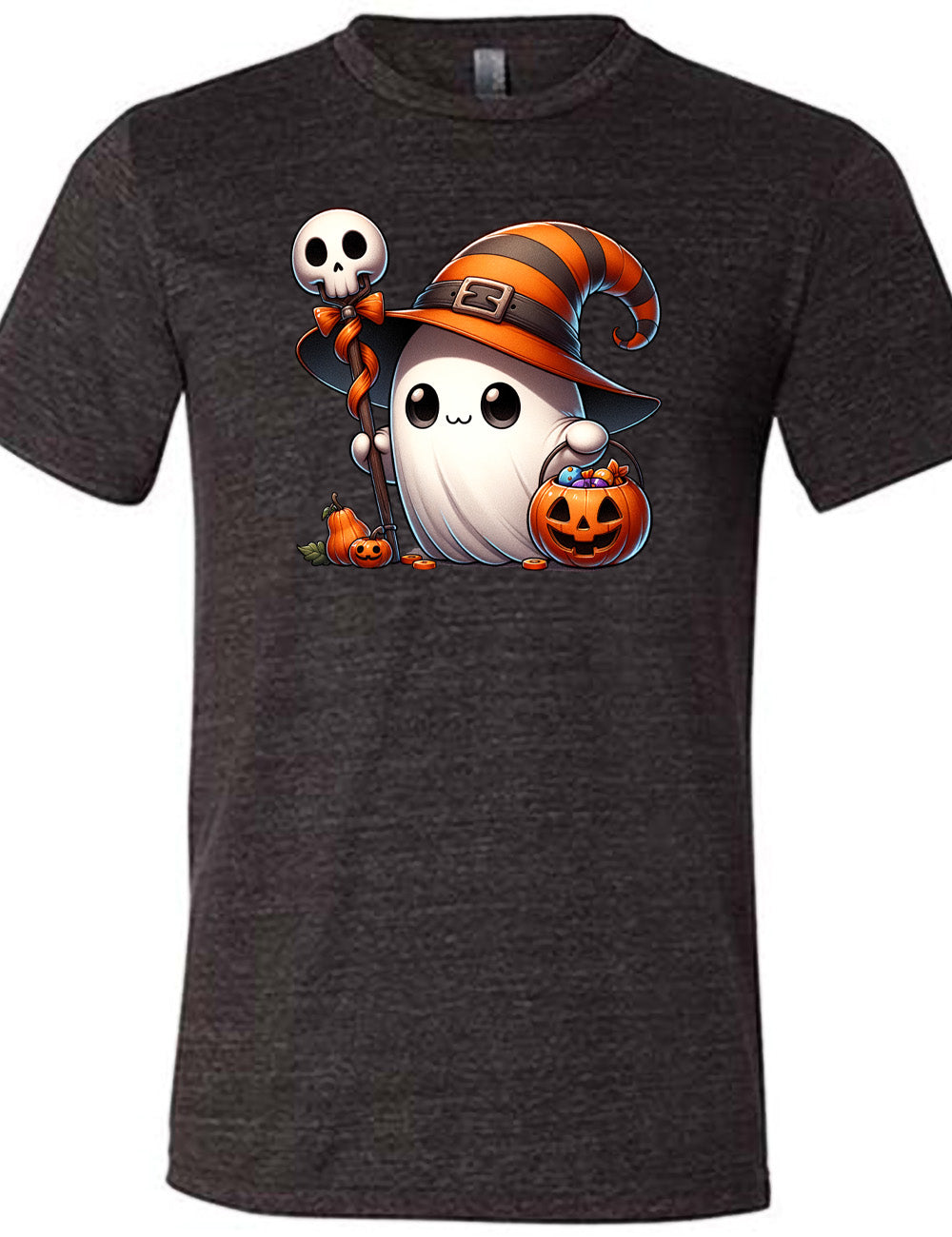 black unisex tee with the graphic of a cute ghost wearing a striped witch hat, holding a candy-filly jack-o-lantern basket as well as a staff with a skull on top and a bow with ribbon, all next to a tiny gourd and a jack-o-lantern
