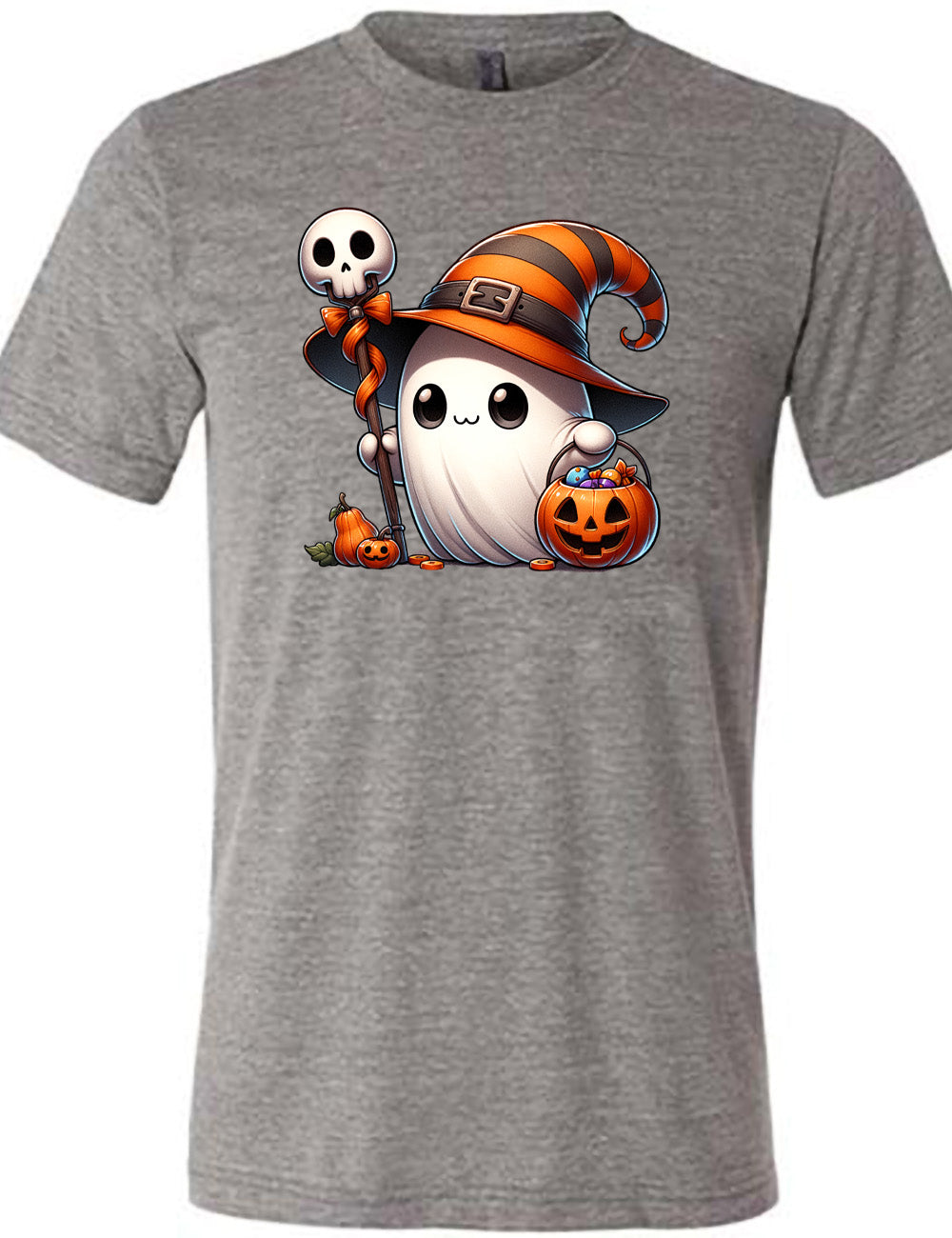 grey unisex tee with the graphic of a cute ghost wearing a striped witch hat, holding a candy-filly jack-o-lantern basket as well as a staff with a skull on top and a bow with ribbon, all next to a tiny gourd and a jack-o-lantern