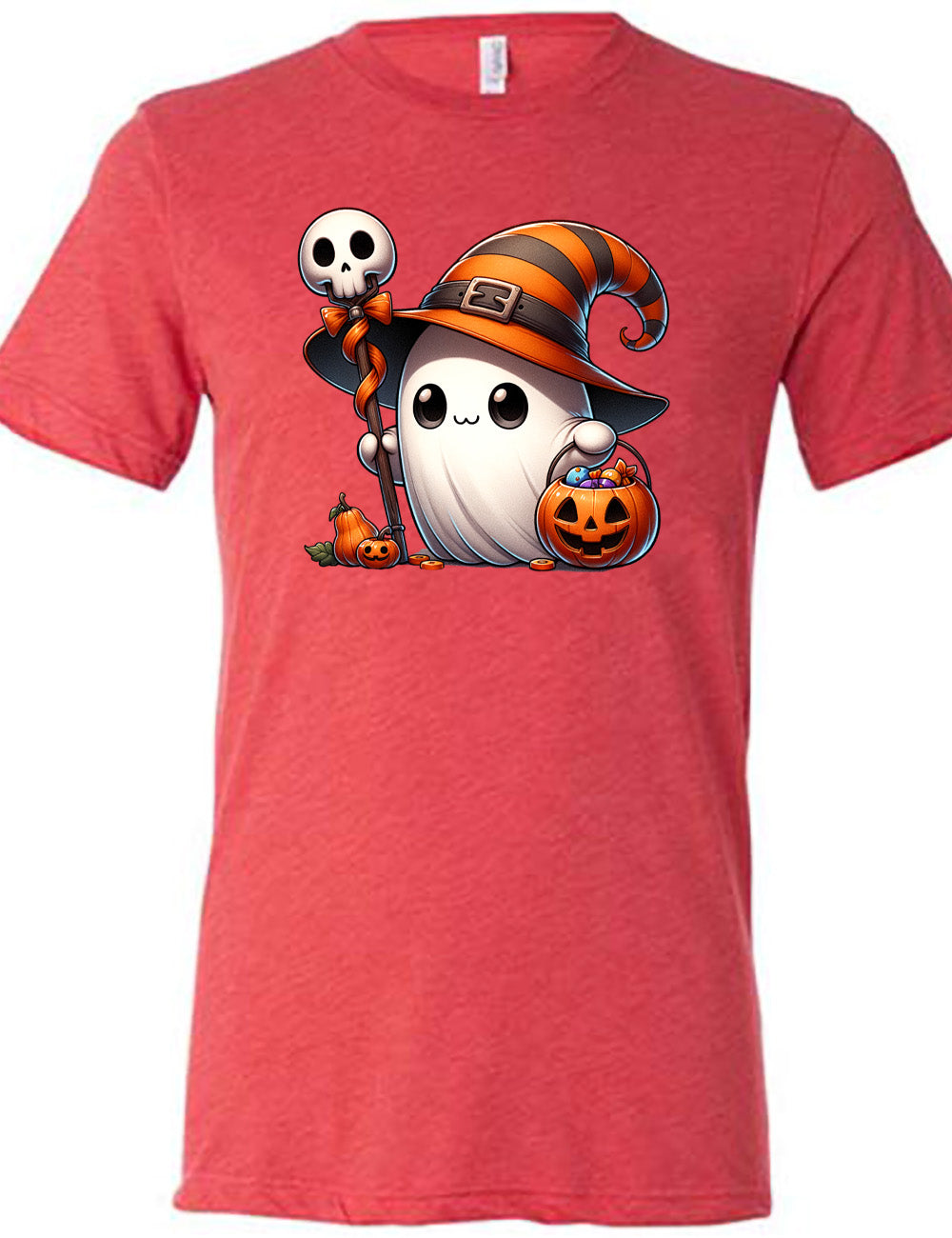 red unisex tee with the graphic of a cute ghost wearing a striped witch hat, holding a candy-filly jack-o-lantern basket as well as a staff with a skull on top and a bow with ribbon, all next to a tiny gourd and a jack-o-lantern