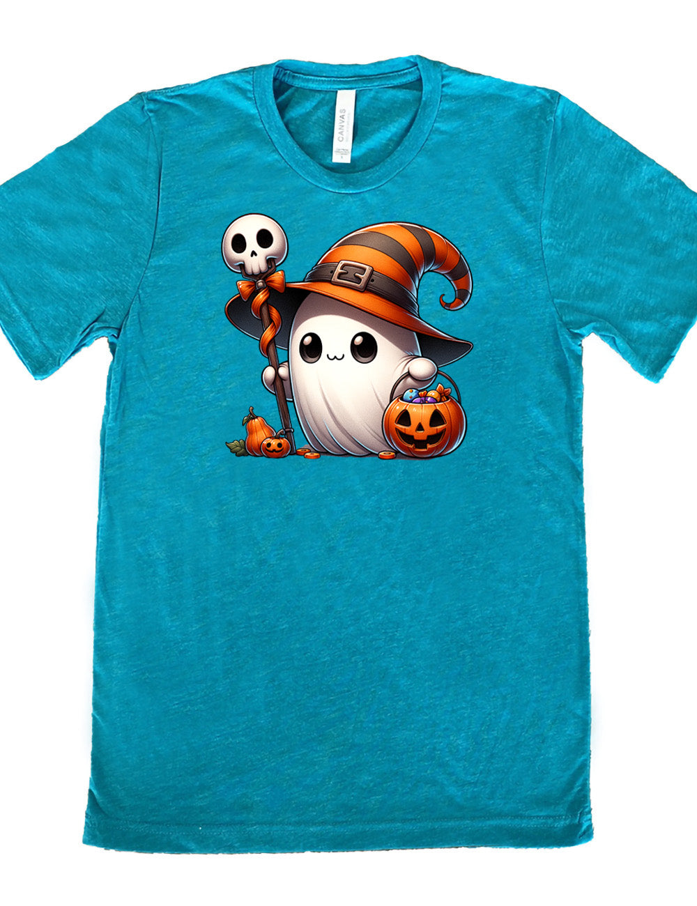 teal unisex tee with the graphic of a cute ghost wearing a striped witch hat, holding a candy-filly jack-o-lantern basket as well as a staff with a skull on top and a bow with ribbon, all next to a tiny gourd and a jack-o-lantern