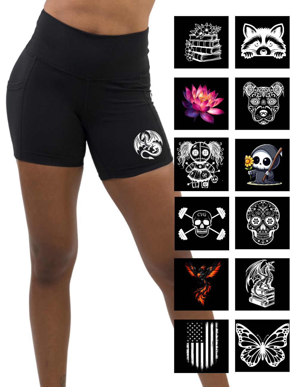 Black shorts with a pocket featuring a dragon design, surrounded by various graphic designs on a white background.