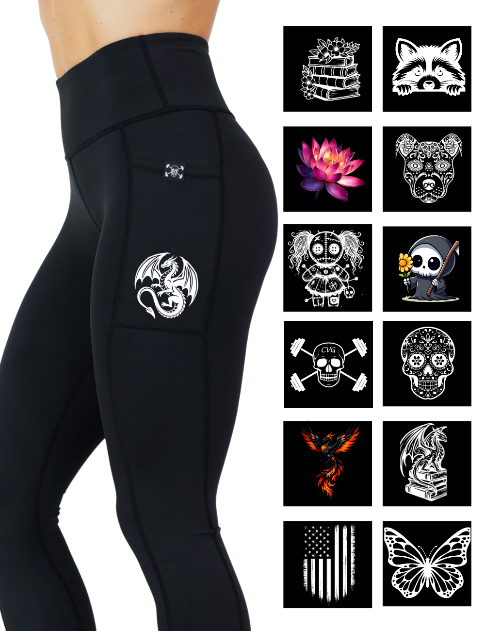 Black leggings with a pocket featuring a dragon design, surrounded by various graphic designs on a white background.
