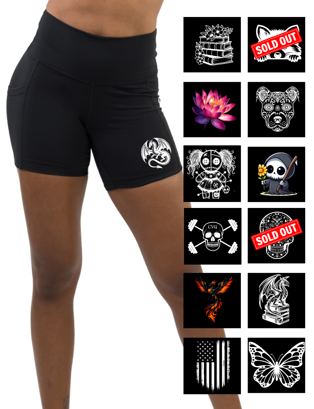 Black shorts with a pocket featuring a dragon design, surrounded by various graphic designs on a white background.